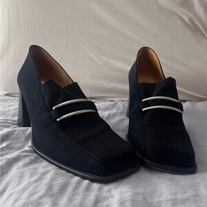 Black Block Heel Loafers with Metallic Accents